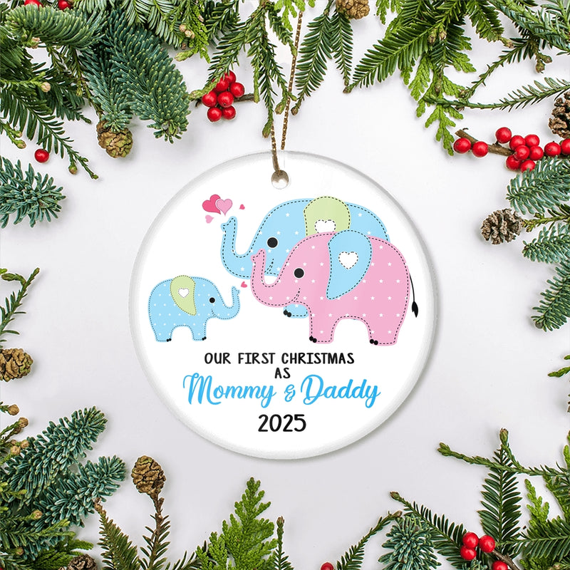 Our First Christmas as Mommy and Daddy 2025 1st Xmas Ornament for New Parents Elephant Mom Dad Newborn Baby Christmas Tree Ornament Circle Ornament Mockup 2 800x.jpg