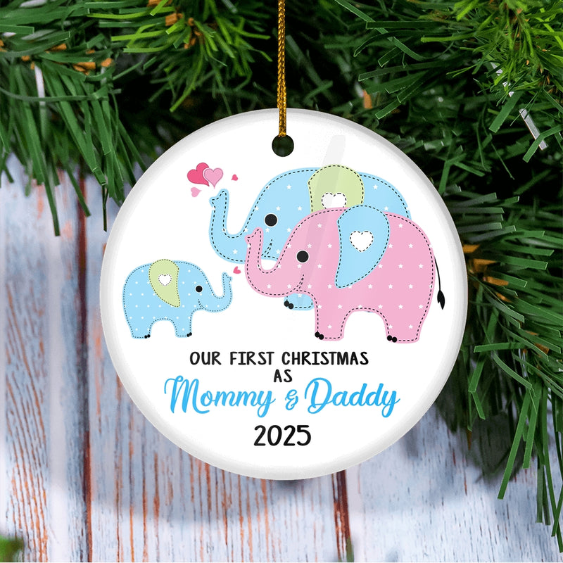 Our First Christmas as Mommy and Daddy 2025 1st Xmas Ornament for New Parents Elephant Mom Dad Newborn Baby Christmas Tree Ornament Circle Ornament Mockup 3 800x.jpg