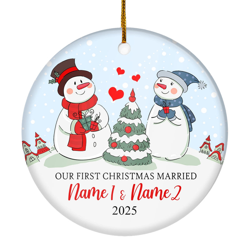 Personalized Our First Christmas Married Engagement Couple Snowman for Wedding Newlywed Customized Christmas Tree Ornament Circle Ornament Mockup 1 800x.jpg