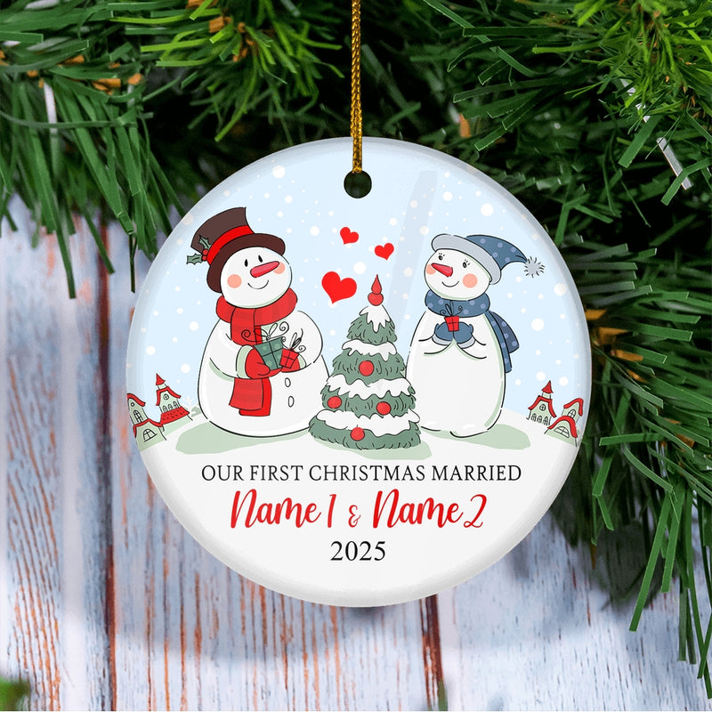 Personalized Our First Christmas Married Engagement Couple Snowman for Wedding Newlywed Customized Christmas Tree Ornament Circle Ornament Mockup 3 800x.jpg