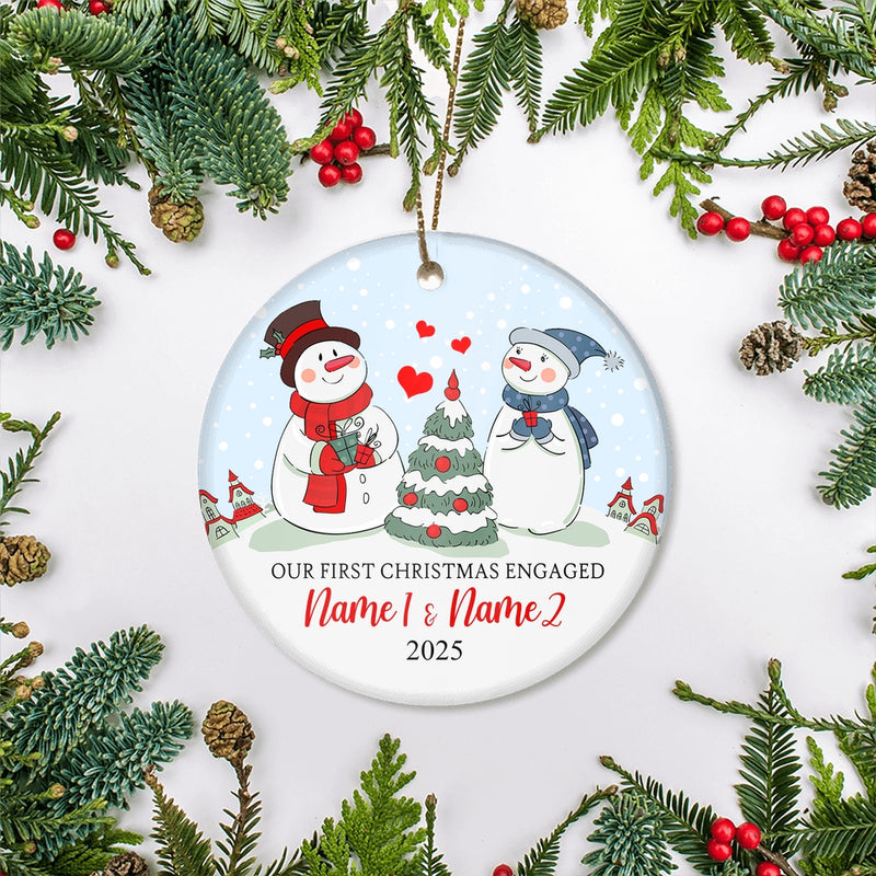 Personalized Our First Christmas Engagement Married Couple Snowman for Wedding Newlywed Customized Christmas Tree Ornament Circle Ornament Mockup 2 800x.jpg