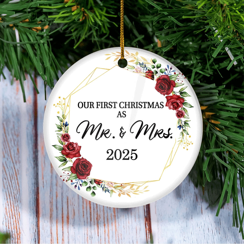 Our First Christmas As Mr And Mrs 2025 Flower For Wedding Newlywed Couple 12 2025 Christmas Tree Ornament Circle Ornament Mockup 3 800x.jpg