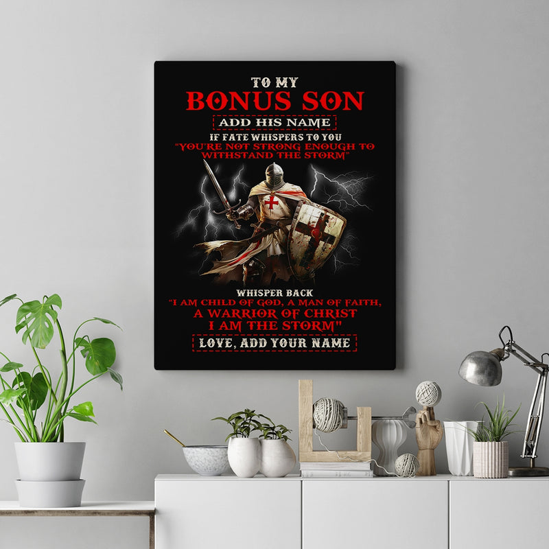 Personalized To My Bonus Son Canvas From Stepdad For Men Warrior Knight Templar I Am The Storm Birthday Christmas Gift For Stepson Custom Framed Canvas Canvas mockup 2 800x.jpg