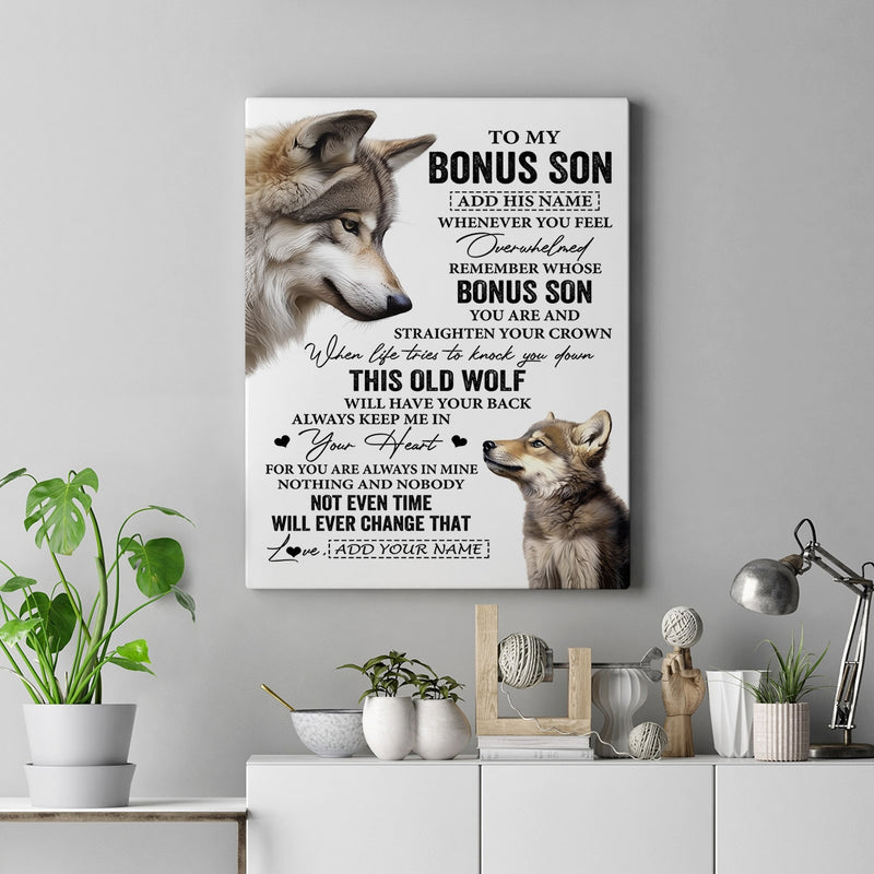 Personalized To My Bonus Son Gifts Canvas From Stepmom Stepdad Whenever Wolf Unique Birthday Gifts For Stepson Graduation Christmas Custom Wall Art Print Framed Canvas Canvas mockup 2 800x.jpg