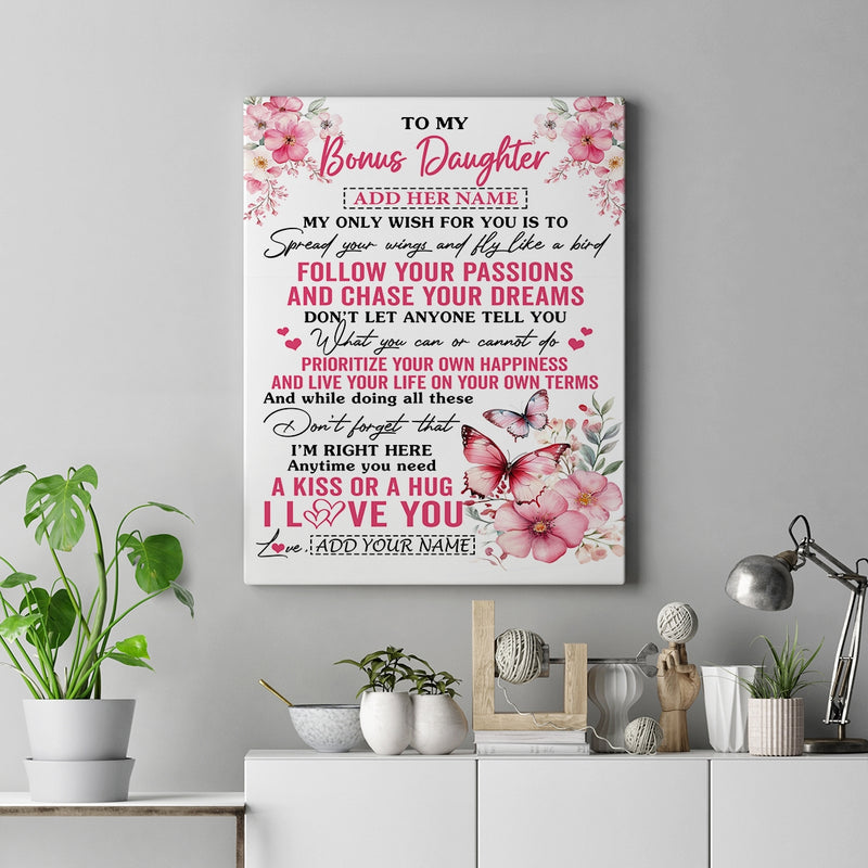Personalized To My Bonus Daughter Gifts Canvas From Stepmom Butterfly My Only Wish For You Stepdaughter Birthday Gifts Graduation Christmas Custom Print Framed Canvas Canvas mockup 2 800x.jpg
