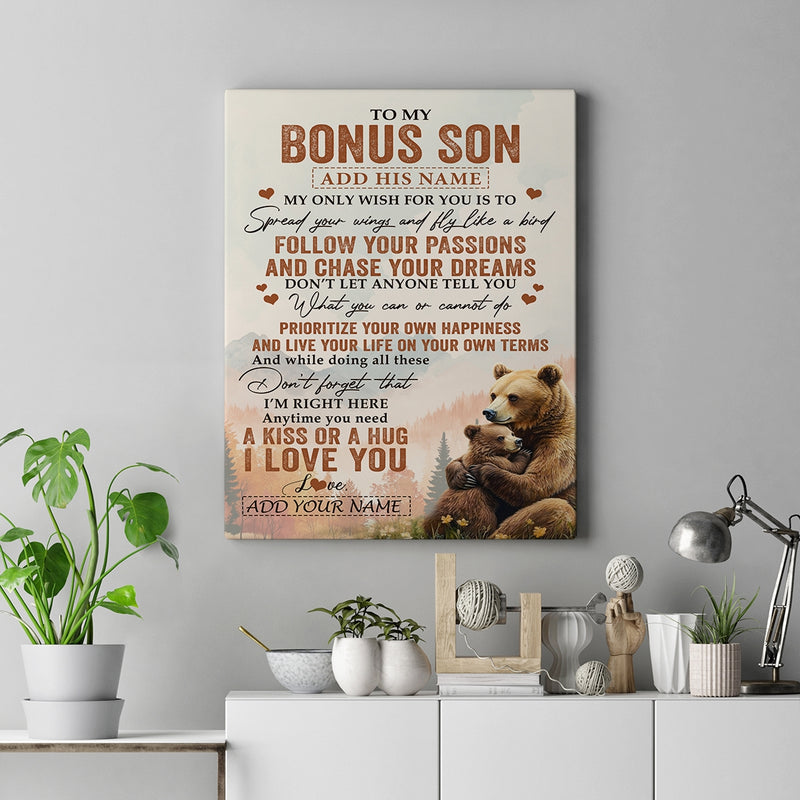 Personalized To My Bonus Son Gifts Canvas From Stepmom Stepdad Bear My Only Wish For You Stepson Birthday Gifts Graduation Christmas Custom Art Print Framed Canvas Canvas mockup 2 800x.jpg