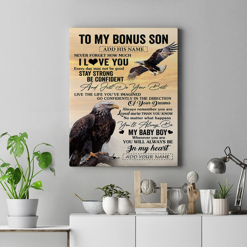 Personalized To My Bonus Son Gifts From Stepmother Stepdad Canvas Eagle Never Forget How Much I Love You Stepson Birthday Graduation Christmas Custom Art Framed Canvas Canvas mockup 2 800x.jpg
