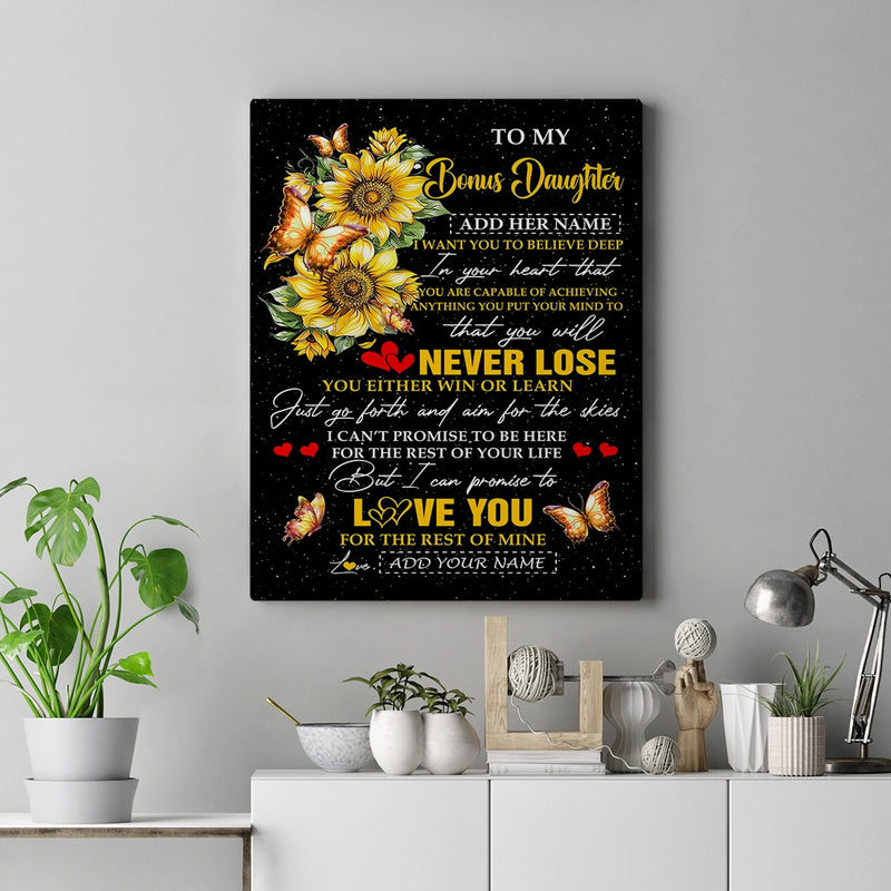 Personalized To My Bonus Daughter Canvas From Stepmother Dad You Will Never Lose Sunflower Stepdaughter Birthday Gifts Christmas Custom Wall Art Print Framed Canvas Canvas mockup 2 800x.jpg