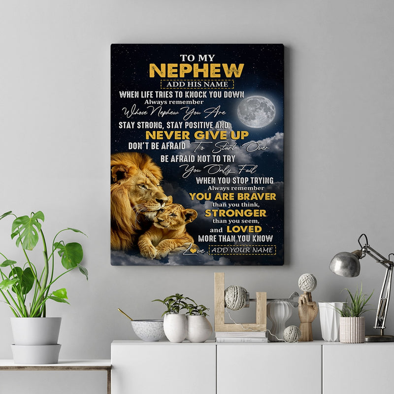 Personalized To My Nephew Gifts Canvas From Uncle Aunt Lion Never Give Up Nephew Birthday Gifts Graduation Christmas Custom Wall Art Print Framed Canvas Canvas mockup 2 800x.jpg