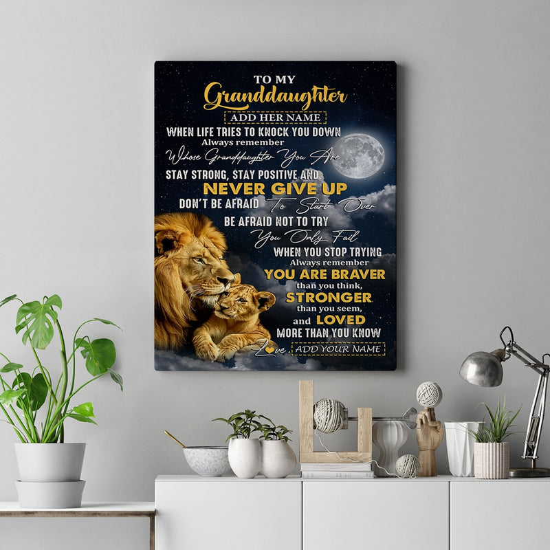 Personalized To My Granddaughter Gifts Canvas From Grandpa Grandma Lion Never Give Up Granddaughter Birthday Gifts Graduation Christmas Custom Wall Art Framed Canvas Canvas mockup 2 800x.jpg