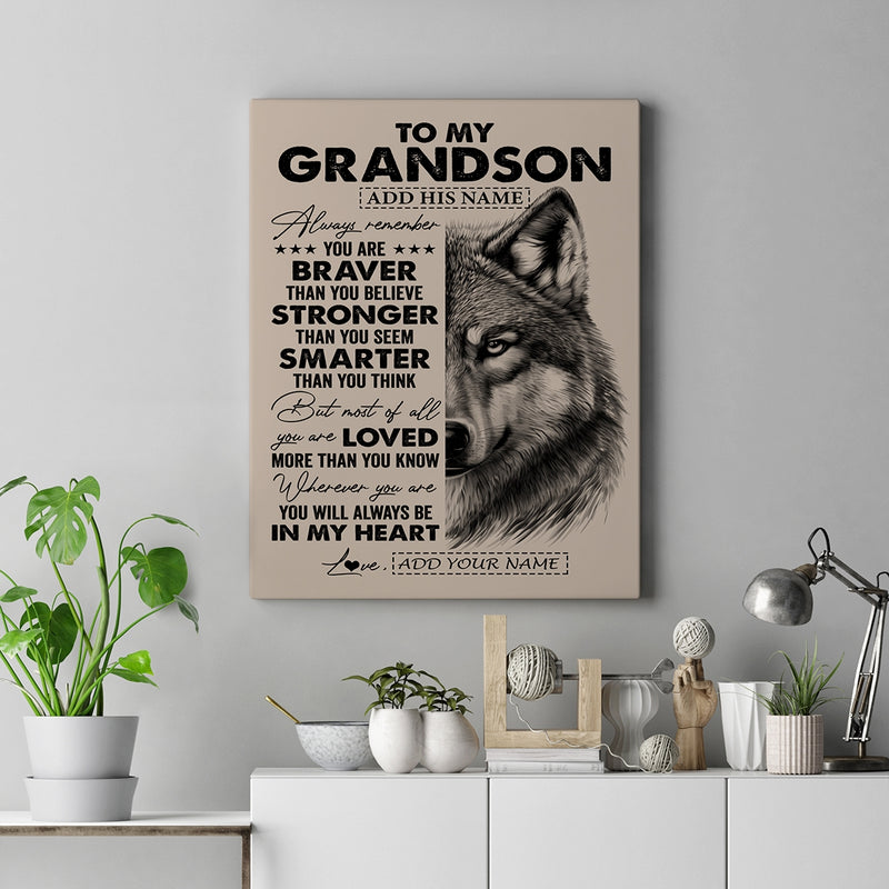 Personalized To My Grandson Canvas From Grandma Nana Wolf Braver Stronger Smarter Grandson Birthday Graduation Christmas Custom Wall Art Print Framed Canvas Canvas mockup 2 800x.jpg