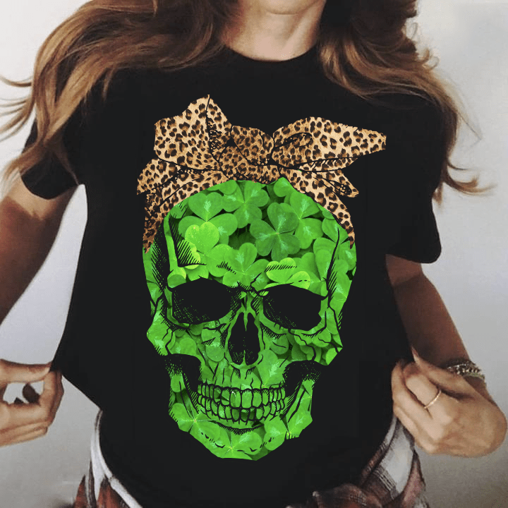 Skull 4 Leaf Clover Leopard Bandana Shirt St Patricks Day.png