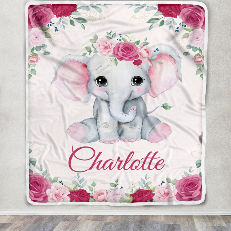 Personalized Elephant Baby Girl Blanket Custom Name Newborn Floral Girl Daughter Niece Granddaughter Birthday Christmas Customized Bed Fleece Throw Blanket Blanket mockup 3 800x.jpg