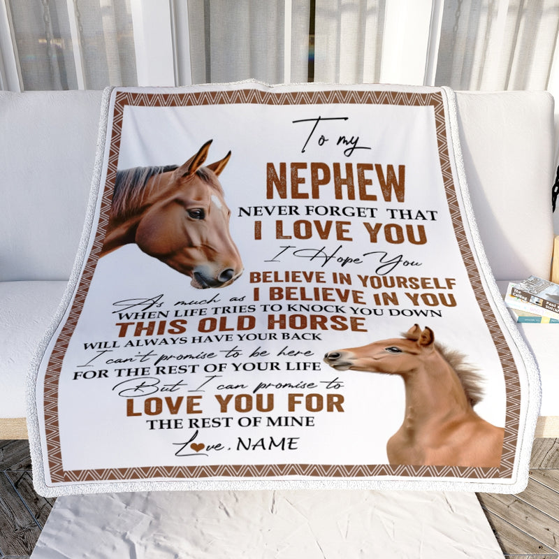 Personalized To My Nephew Blanket From Aunt Auntie Uncle This Old Horse Love You Nephew Birthday Graduation Christmas Customized Bed Fleece Throw Blanket Blanket mockup 2 800x.jpg