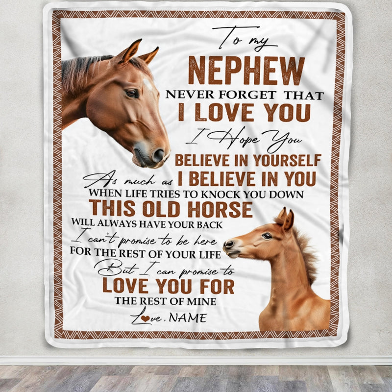 Personalized To My Nephew Blanket From Aunt Auntie Uncle This Old Horse Love You Nephew Birthday Graduation Christmas Customized Bed Fleece Throw Blanket Blanket mockup 3 800x.jpg