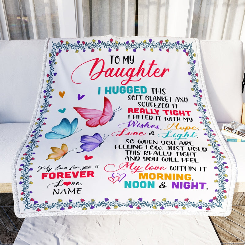 Personalized To My Daughter Blanket From Mom Dad Butterfly I Huggest This Soft Blanket Daughter Birthday Graduation Christmas Bed Quilt Fleece Throw Blanket Blanket mockup 2 800x.jpg