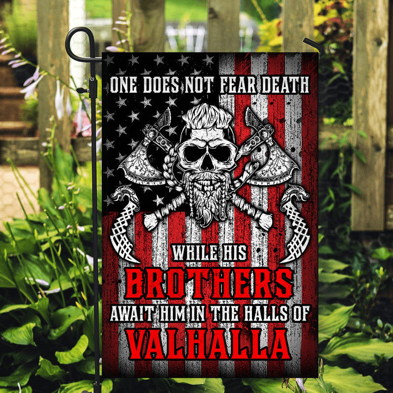 Viking Flag While His Brothers Await Him in The Halls of Valhalla Garden Flag mockup 2 800x.jpg