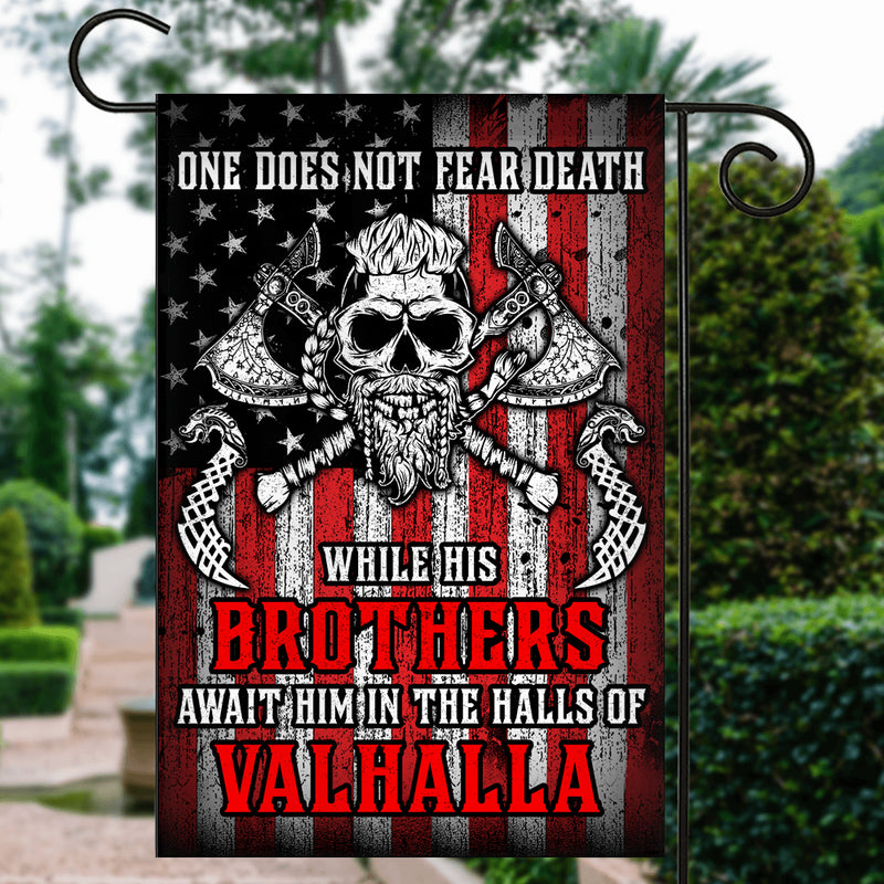 Viking Flag While His Brothers Await Him in The Halls of Valhalla Garden Flag mockup 3 800x.jpg