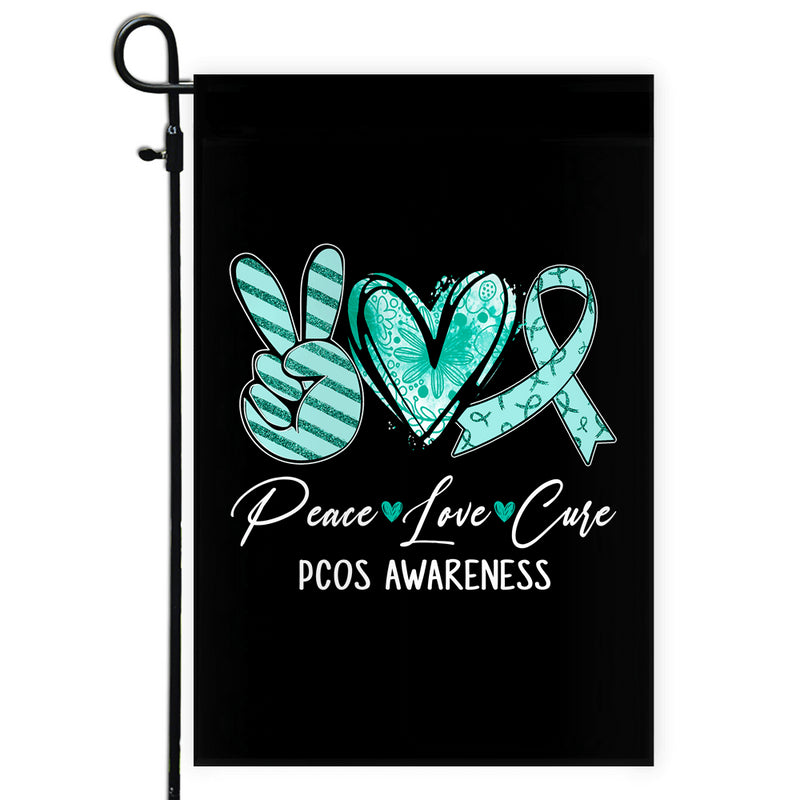 Peace Love Cure Teal Ribbon PCOS Awareness Flag Garden Flag mockup 1 800x.jpg