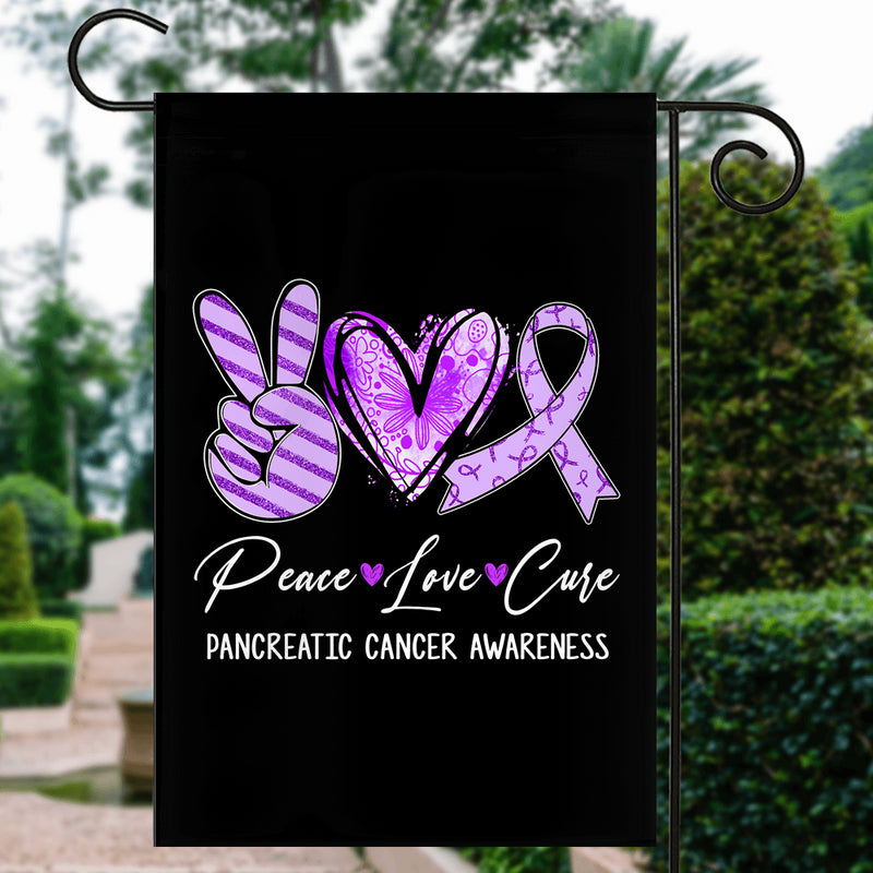 Peace Love Cure Purple Ribbon Pancreatic Cancer Flag Garden Flag mockup 3 800x.jpg