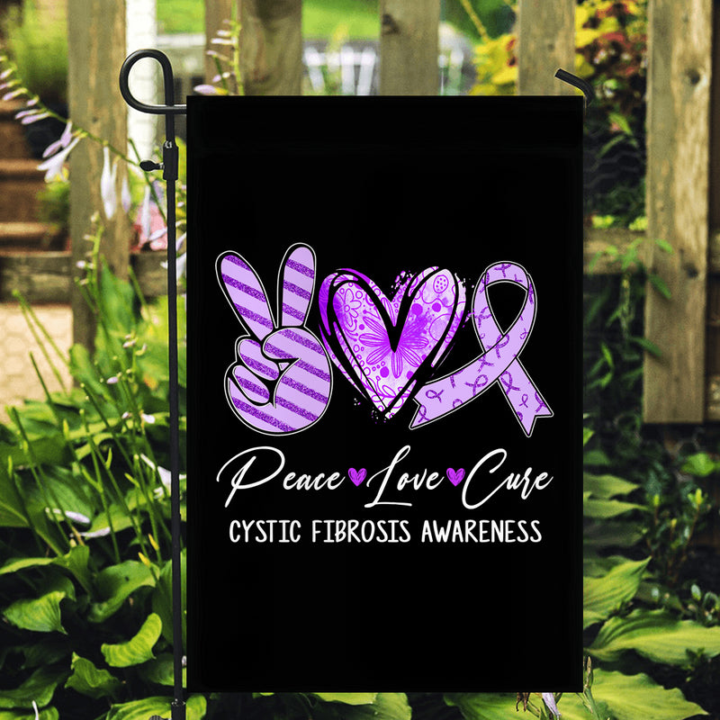 Peace Love Cure Purple Ribbon Cystic Fibrosis Awareness Flag Garden Flag mockup 2 800x.jpg