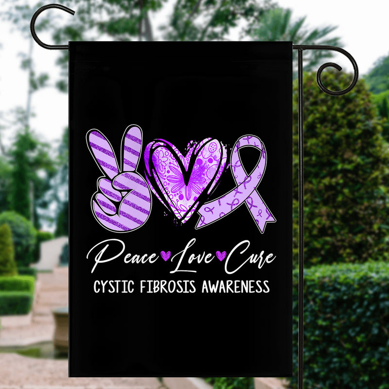 Peace Love Cure Purple Ribbon Cystic Fibrosis Awareness Flag Garden Flag mockup 3 800x.jpg