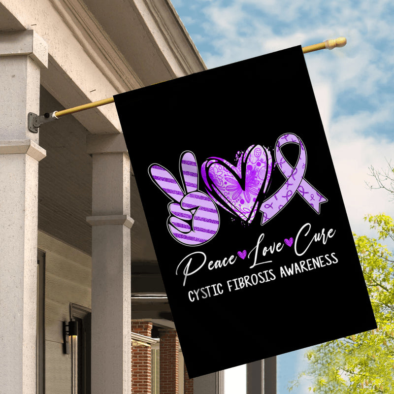 Peace Love Cure Purple Ribbon Cystic Fibrosis Awareness Flag House Flag mockup 2 800x.jpg