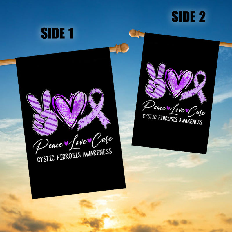 Peace Love Cure Purple Ribbon Cystic Fibrosis Awareness Flag House Flag mockup 3 800x.jpg