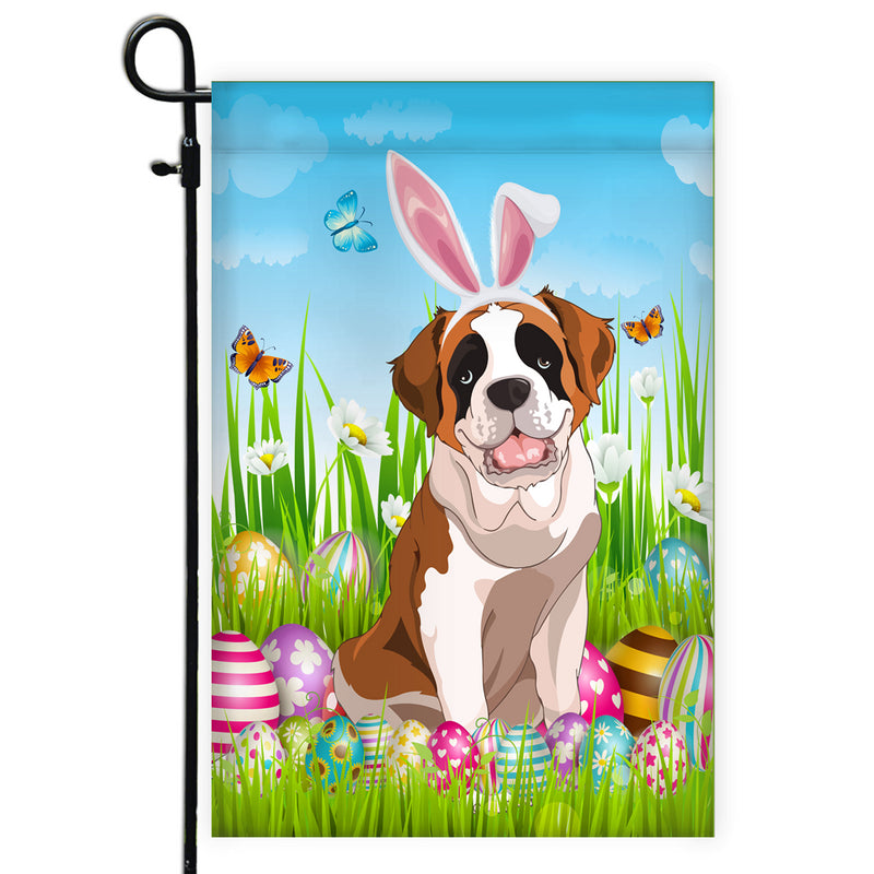 Saint Bernard Happy Easter Day Holiday Flag Funny Dog Dog Wear Bunny Ears Headband Cute for Home Decor Garden Flag mockup 1 800x.jpg