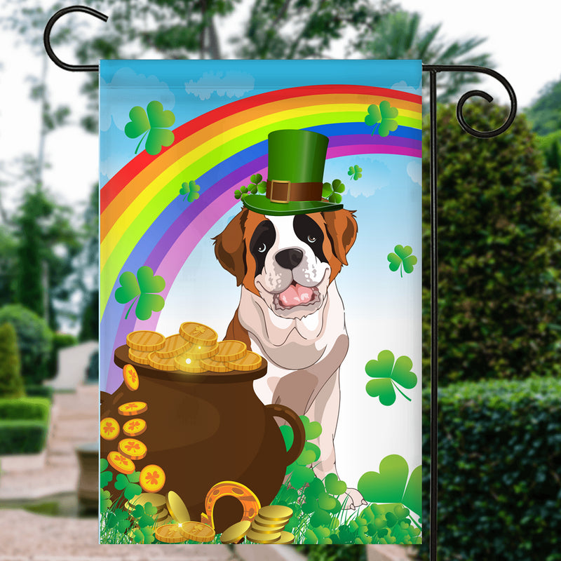 Saint Bernard St Patrick s Day Dog Flag Funny Peeking Dog Wear Green Hat Golden Pot Coin Shamrock Rainbow Spring Banner for Home Decor Garden Flag mockup 3 800x.jpg