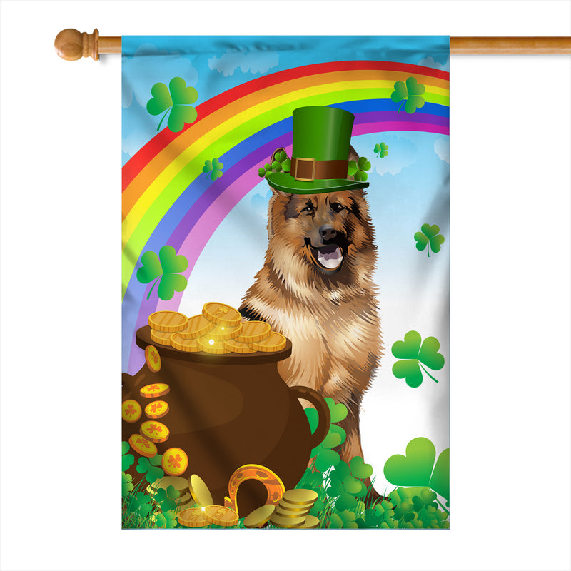 German Shepherd St Patrick s Day Dog Flag Funny Peeking Dog Wear Green Hat Golden Pot Coin Shamrock Rainbow Spring Banner for Home Decor House Flag mockup 1 800x.jpg