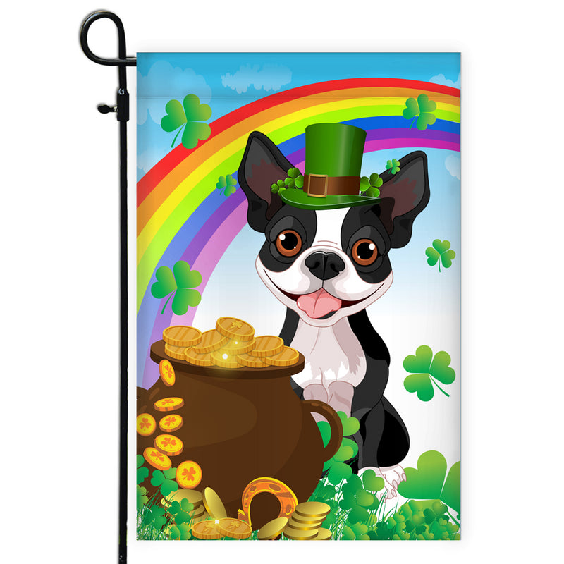 Boston Terrier St Patrick s Day Dog Flag Funny Peeking Dog Wear Green Hat Golden Pot Coin Shamrock Rainbow Spring Banner for Home Decor Garden Flag mockup 1 800x.jpg