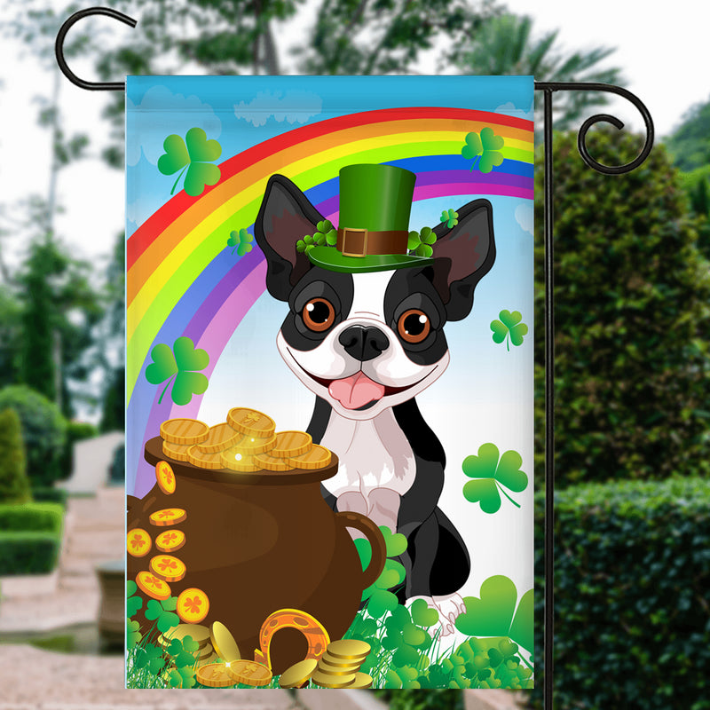 Boston Terrier St Patrick s Day Dog Flag Funny Peeking Dog Wear Green Hat Golden Pot Coin Shamrock Rainbow Spring Banner for Home Decor Garden Flag mockup 3 800x.jpg
