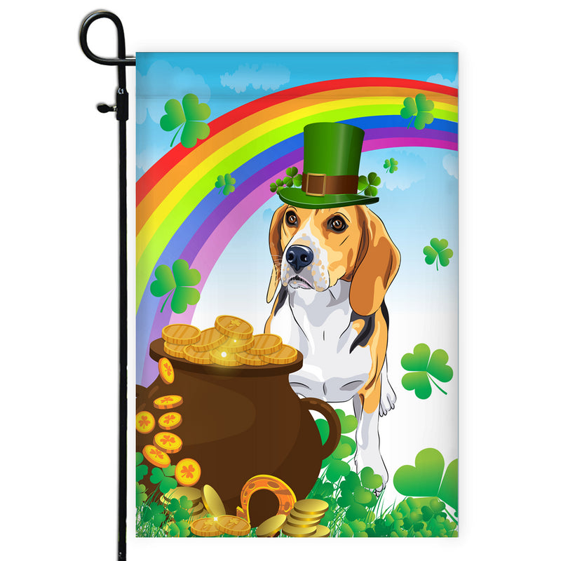 Beagle St Patrick s Day Dog Flag Funny Peeking Dog Wear Green Hat Golden Pot Coin Shamrock Rainbow Spring Banner for Home Decor Garden Flag mockup 1 800x.jpg