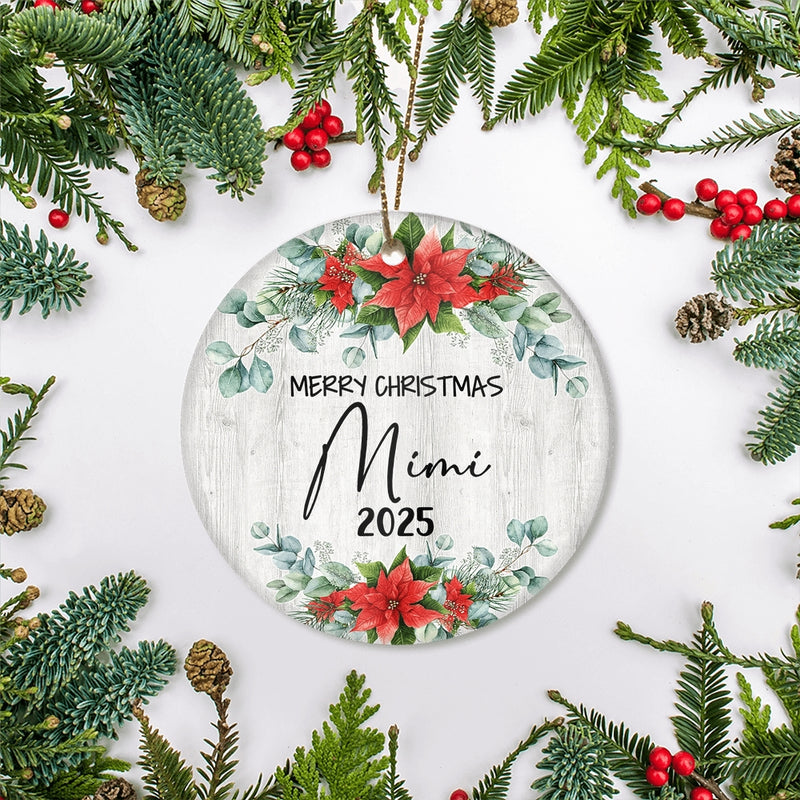 Merry Christmas Mimi 2024 Ornament New Mimi Farmhouse Rustic Gray Wood Deep Red Poinsettia Flower Decoration Christmas Tree Ornament Circle Ornament Mockup 2 800x.jpg