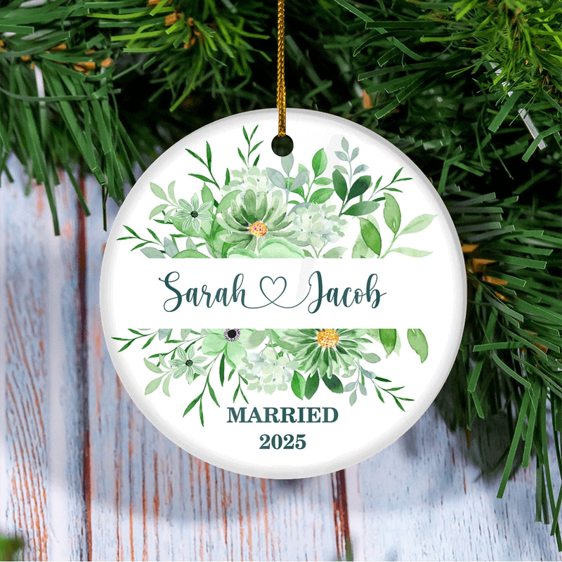 Personalized Wedding Ornament First Christmas Wedding Newlywed Couple First Married Custom Name Decoration 22 Customized Christmas Tree Ornament Circle Ornament Mockup 3 800x.jpg