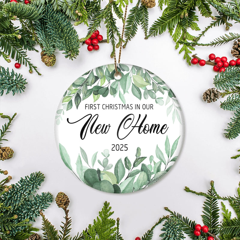 First Christmas In Our New Home Mr And Mrs 2025 Flower Leaf For Wedding Newlywed Couple 14 2025 Christmas Tree Ornament Circle Ornament Mockup 2 800x.jpg
