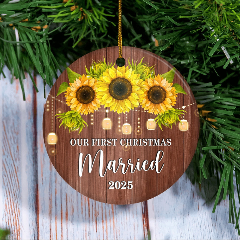 2025 Our First Christmas Married Mr And Mrs Gift Sunflower For Wedding Newlywed Couple 2025 Christmas Tree Ornament Circle Ornament Mockup 3 800x.jpg