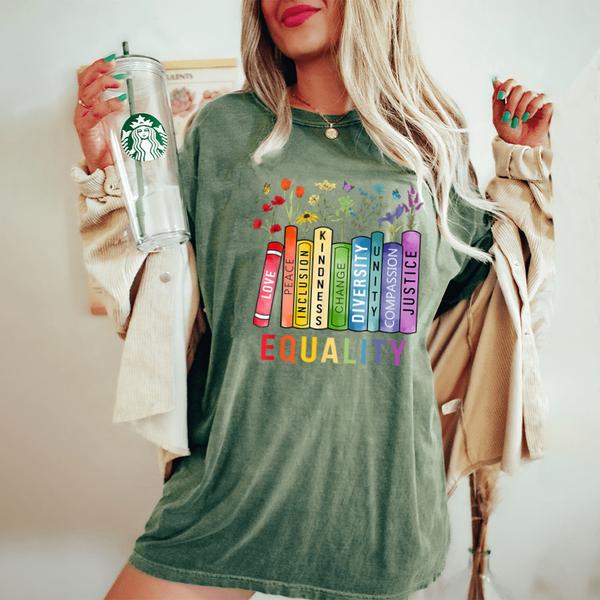 floral book equality human rights social justice peace love womens oversized comfort t shirt 20250321064733 ihwtdlqx s4.jpg