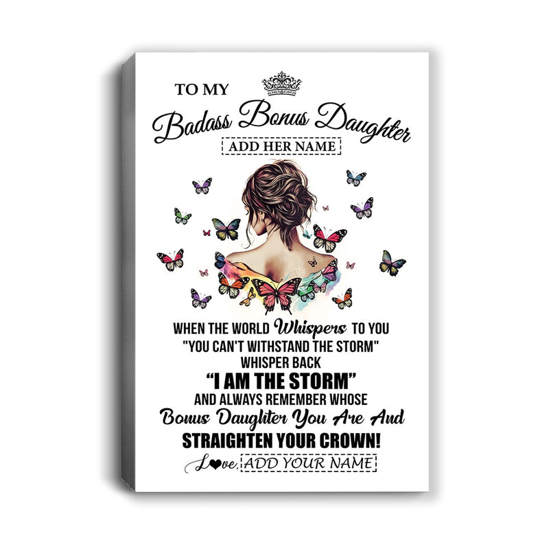 Personalized To My Badass Bonus Daughter I Am The Storm Canvas From Stepdad Stepmom Beautiful Step Daughter Birthday Gifts Christmas Adults Custom Print Framed Canvas Canvas mockup 1 800x.jpg