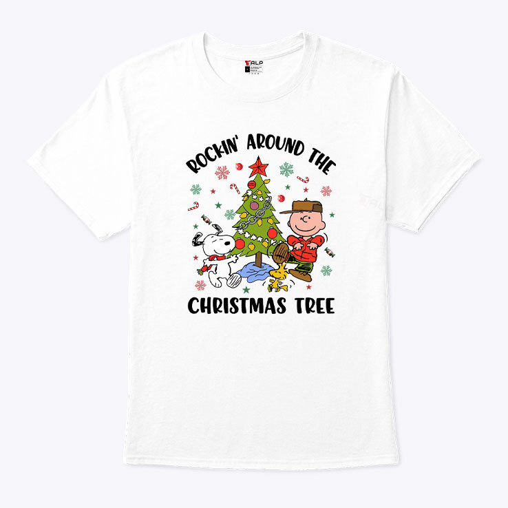 Peanuts Snoopy and Charlie Rockin Around The Christmas Tree T Shirt.jpg
