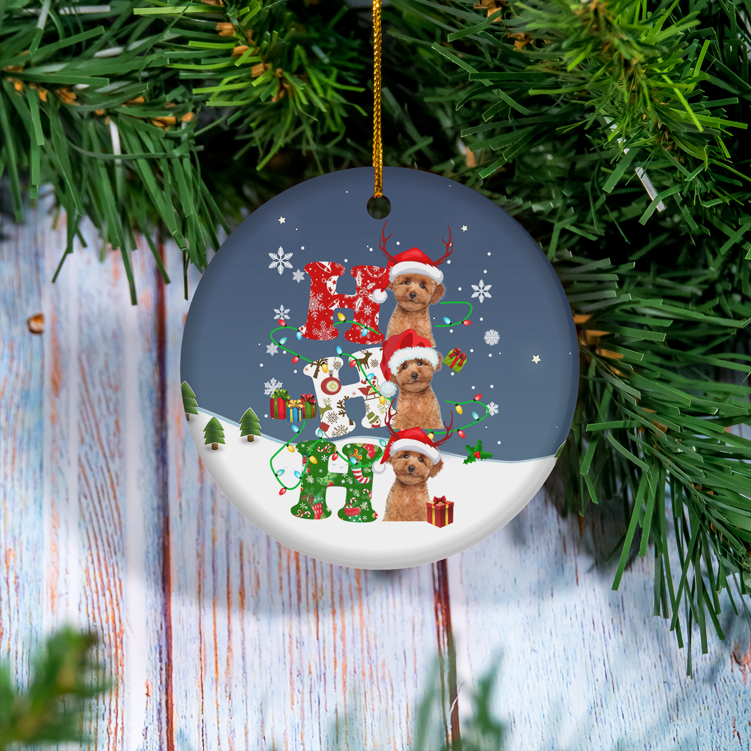 Ho Ho Ho Santa Reindeer Poodles Christmas Ornament.png
