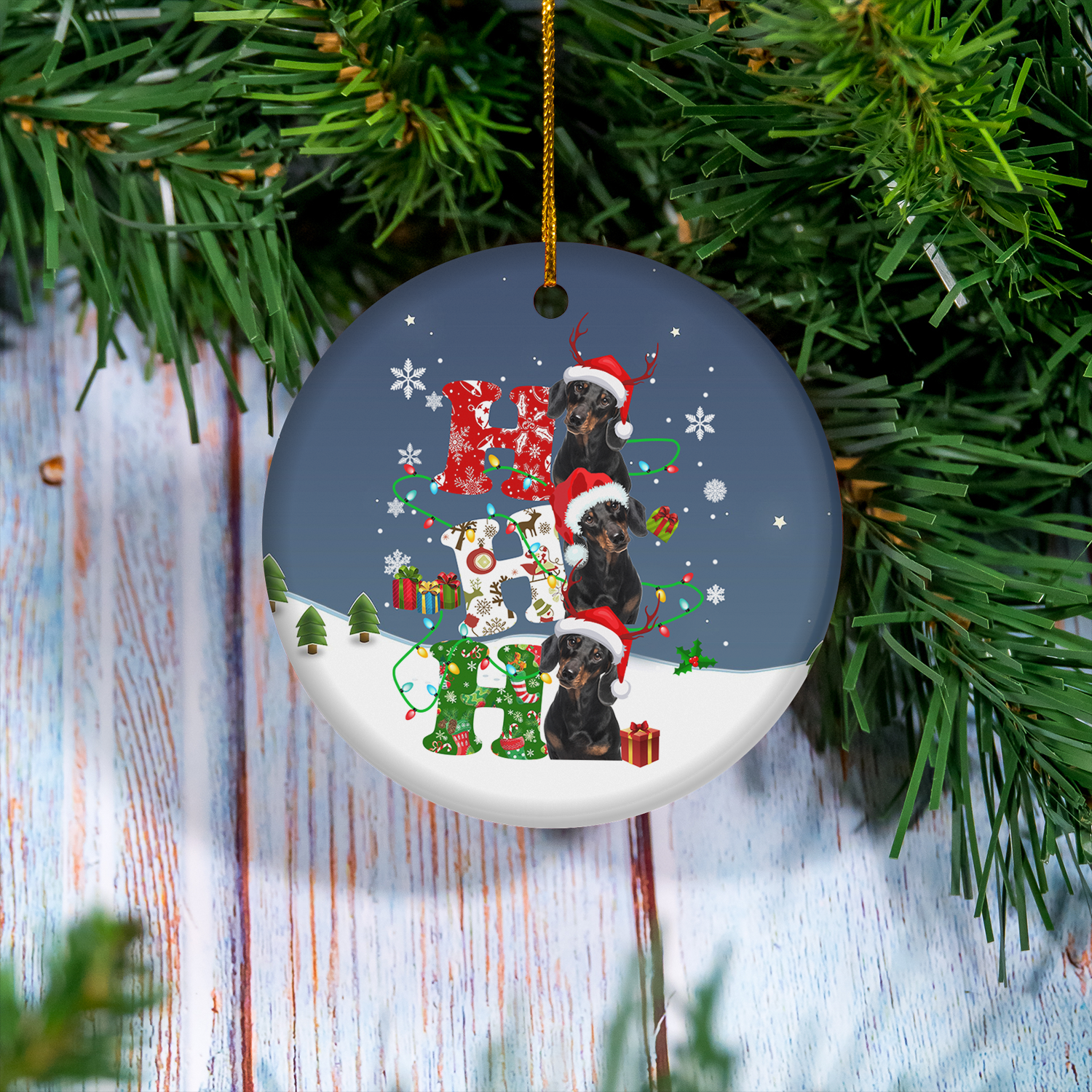 Ho Ho Ho Santa Reindeer Dachshunds Christmas Ornament.png