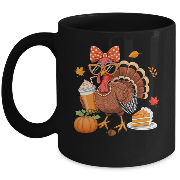 Turkey Drinking Coffee Bow Thanksgiving Womens Turkey Day Mug 11oz Mug Black front 600x.jpg