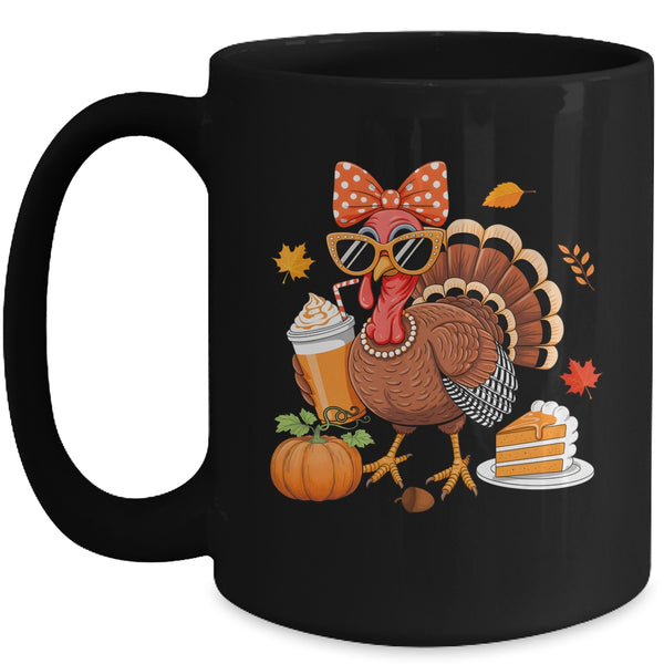 Turkey Drinking Coffee Bow Thanksgiving Womens Turkey Day Mug 15oz Mug Black front 600x.jpg