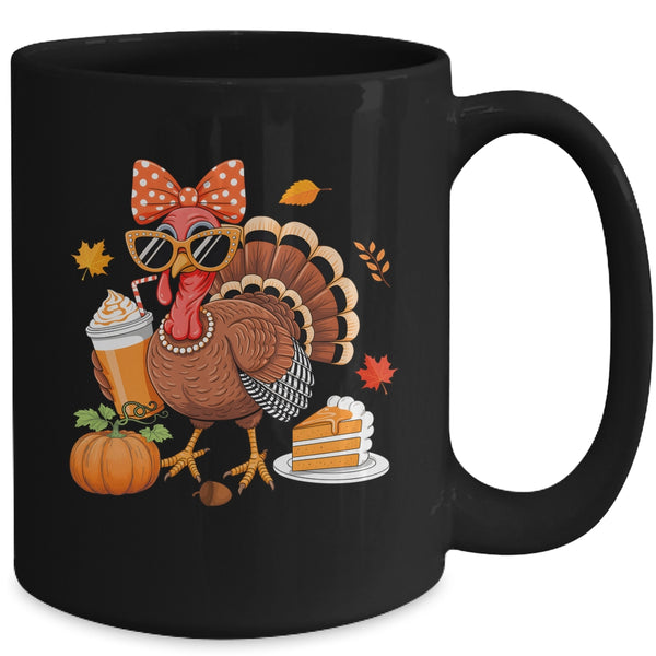 Turkey Drinking Coffee Bow Thanksgiving Womens Turkey Day Mug 15oz Mug Black back 600x.jpg