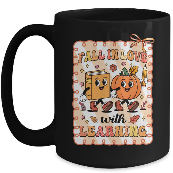 Pumpkin Teacher Preppy Fall In Love With Learning Autumn Mug 15oz Mug Black front 600x.jpg