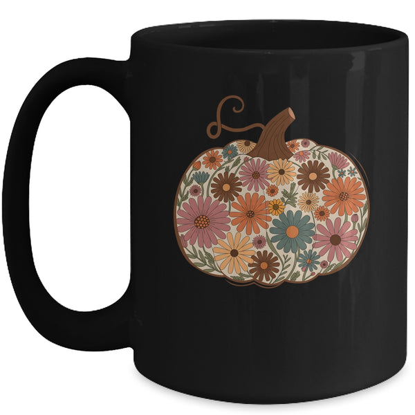 Pumpkin Floral Autumn Fall Season Wildflower Thanksgiving Mug 15oz Mug Black front 600x.jpg