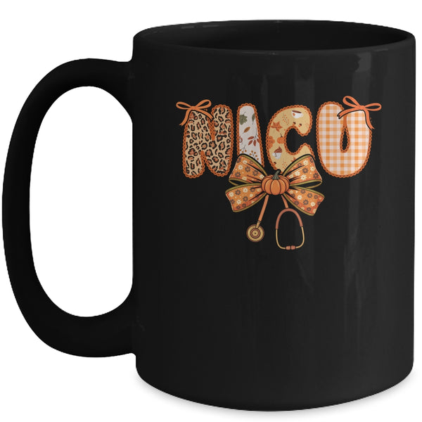 NICU Nurse Stethoscope Coquette Bow Autumn Fall Nursing RN Mug 15oz Mug Black front 600x.jpg