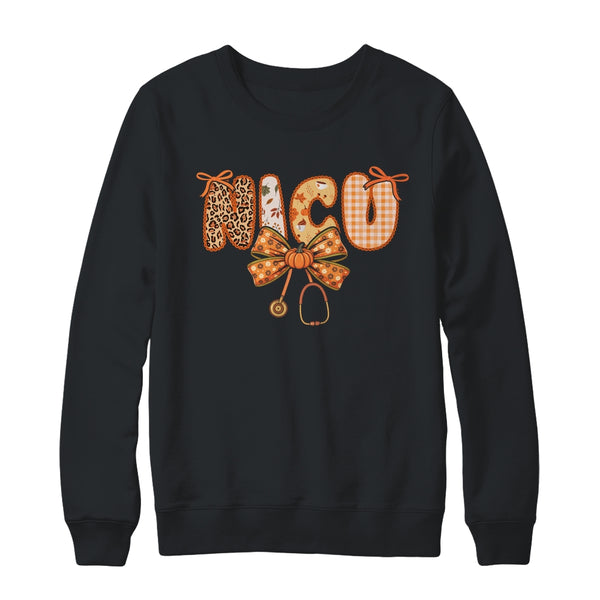 NICU Nurse Stethoscope Coquette Bow Autumn Fall Nursing RN Shirt Sweatshirt Crewneck Sweatshirt Black 600x.jpg